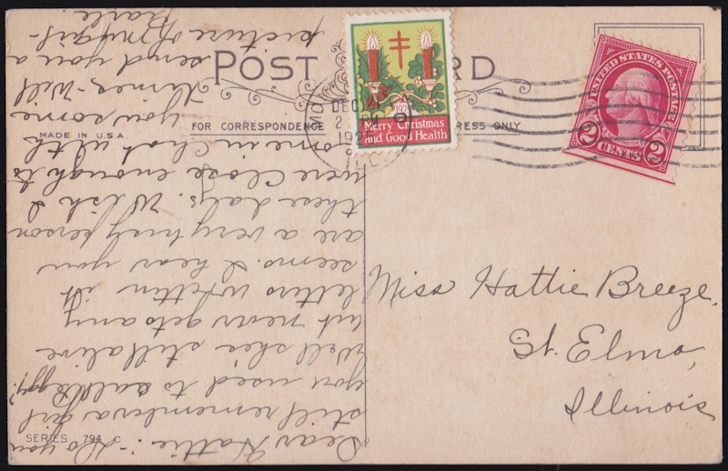 1925 type 2, Christmas Seal tied on postcard