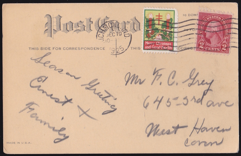1925 type 2, Christmas Seal tied on postcard