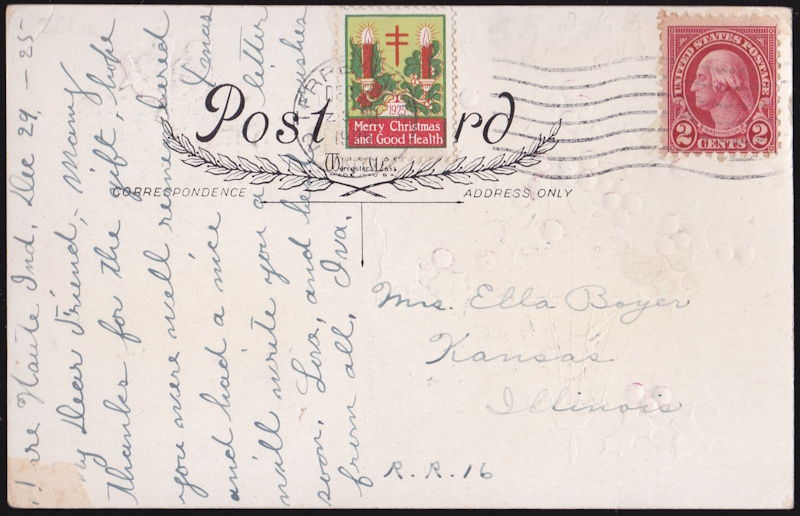 1925 type 2, Christmas Seal tied on postcard