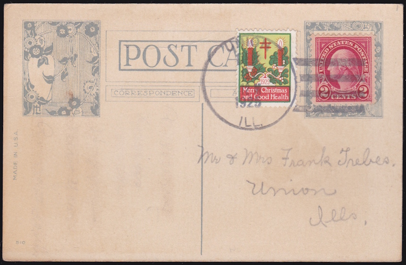 1925 type 2, Christmas Seal tied on postcard