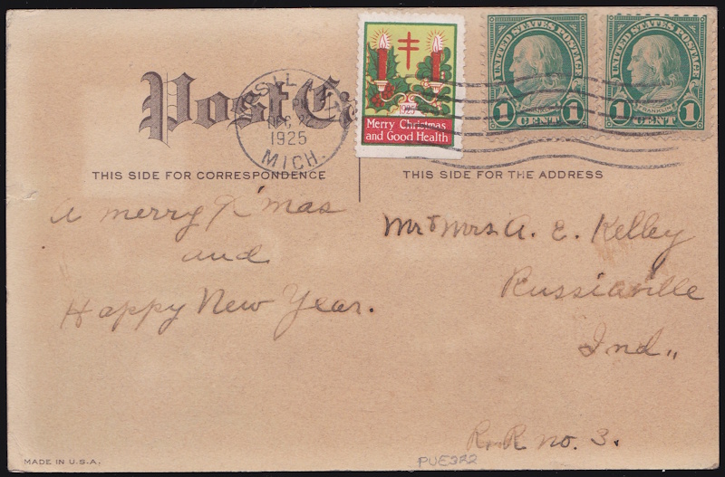 1925 type 2, Christmas Seal tied on postcard