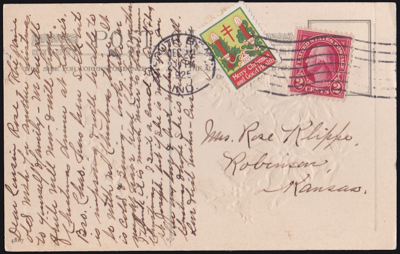 1925 type 2, Christmas Seal tied on postcard