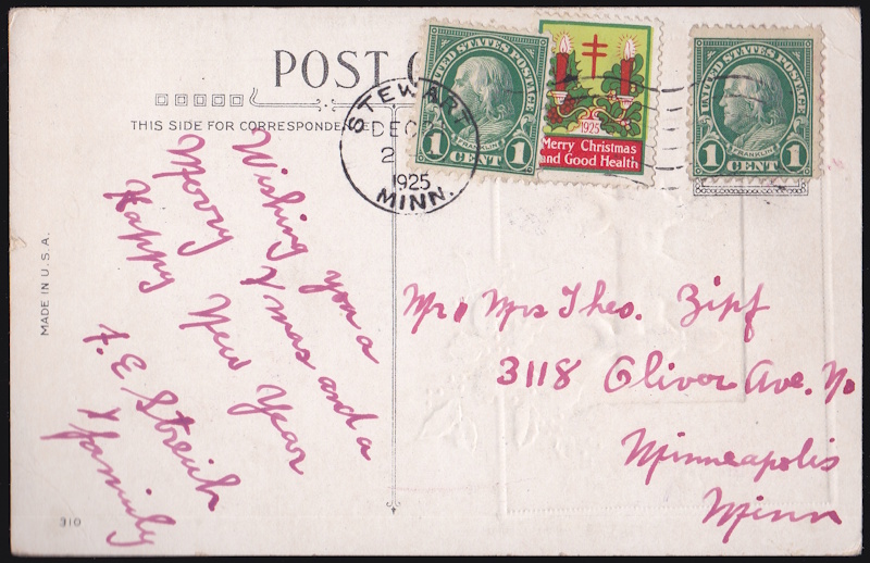 1925 type 3 Christmas Seal tied on