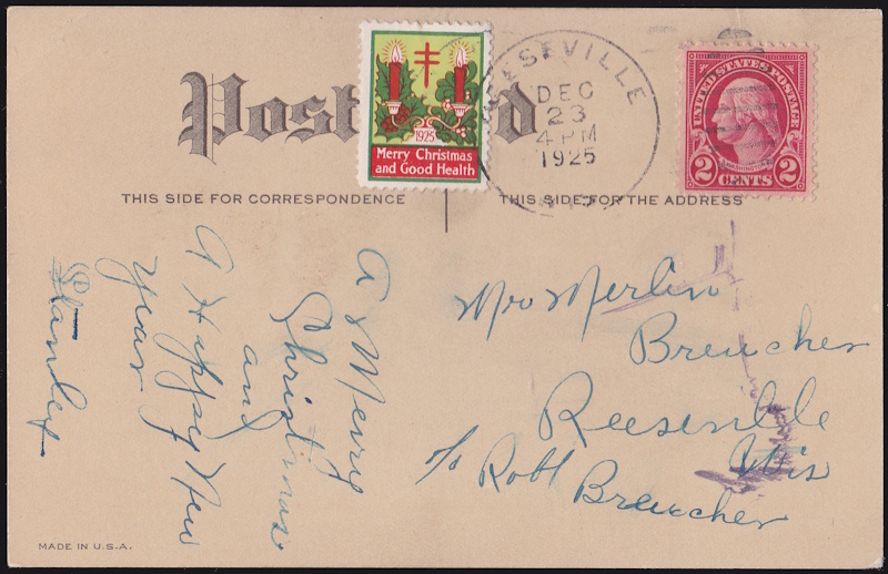1925 type 3 Christmas Seal tied on