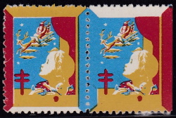 1943 Christmas Seal error pair, buff, red & blue only