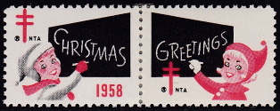 1958 Christmas seal error pair, red & black only