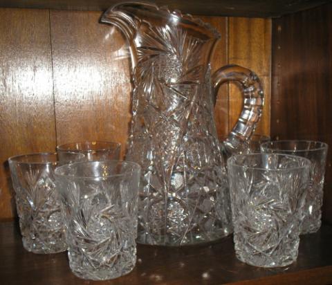 American cut glass pitcher set. A few glasses have minor